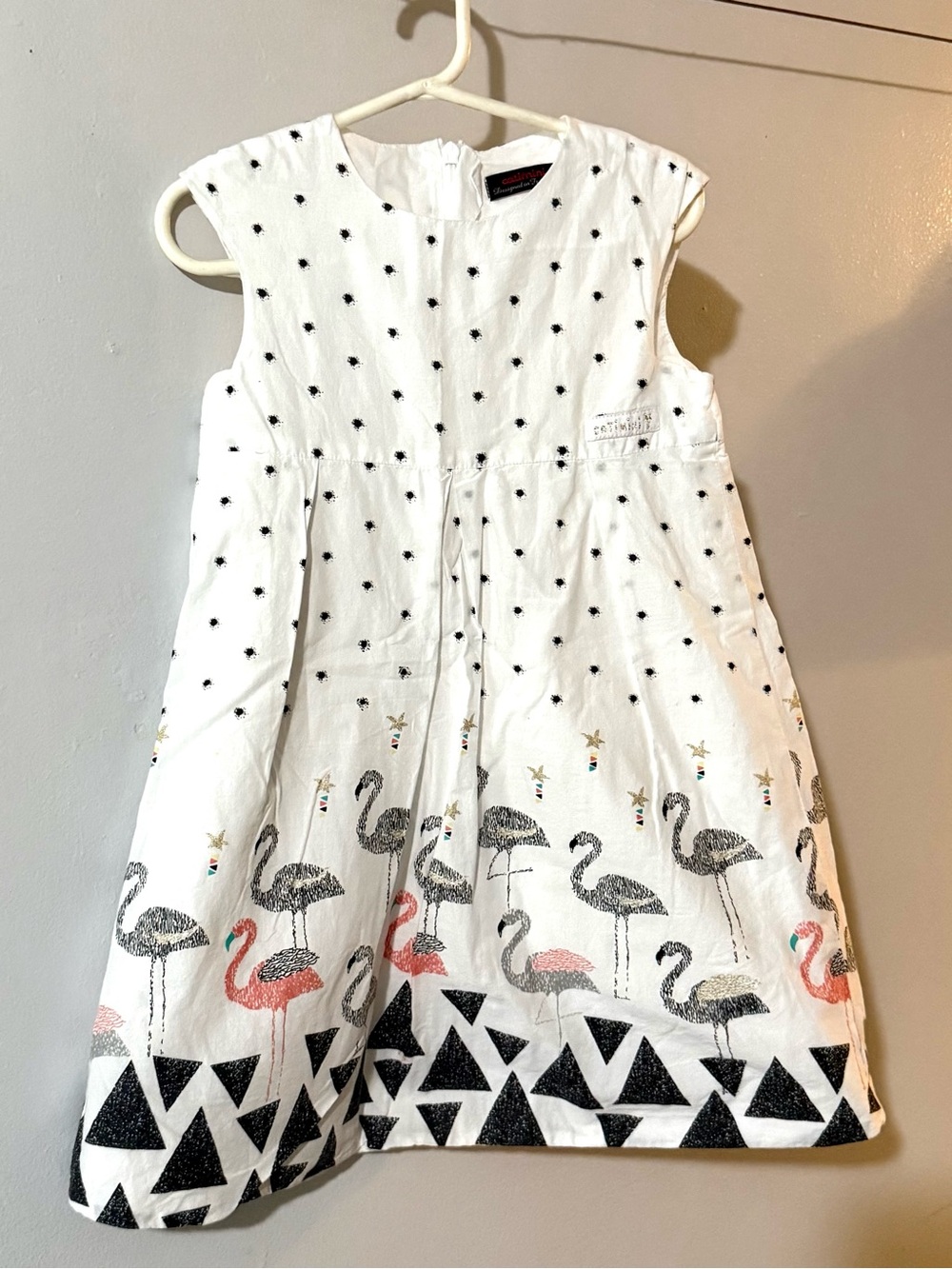 Catimini White Dress with Black and Pink Flamingo Motif